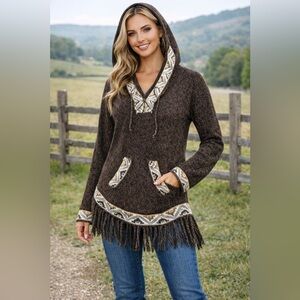 Alpaca Connection Hooded Sweater Brown Fringe Pullover Boho Handmade Bolivia S/M